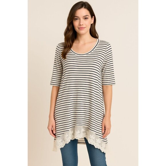 POL Briana High Low Top with Lace Hem Size Small  Scoop neckline Striped print S - Picture 1 of 5